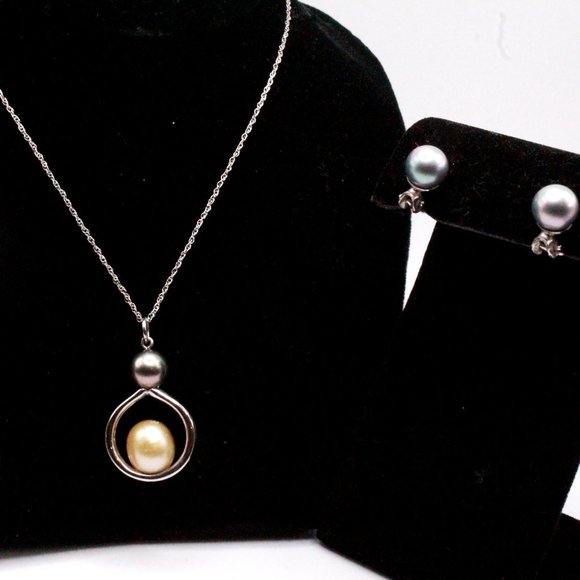 Vintage Sterling Silver Rhodium Plate Freshwater Pearl Necklace Earrings Set - Picture 5 of 6